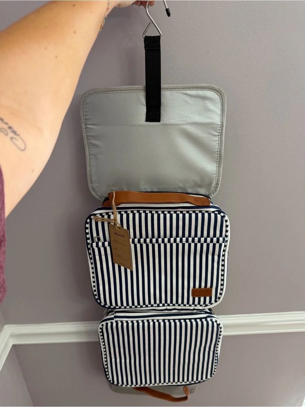 Bosidu Navy and White Striped Hanging Makeup/Toiletry Bag